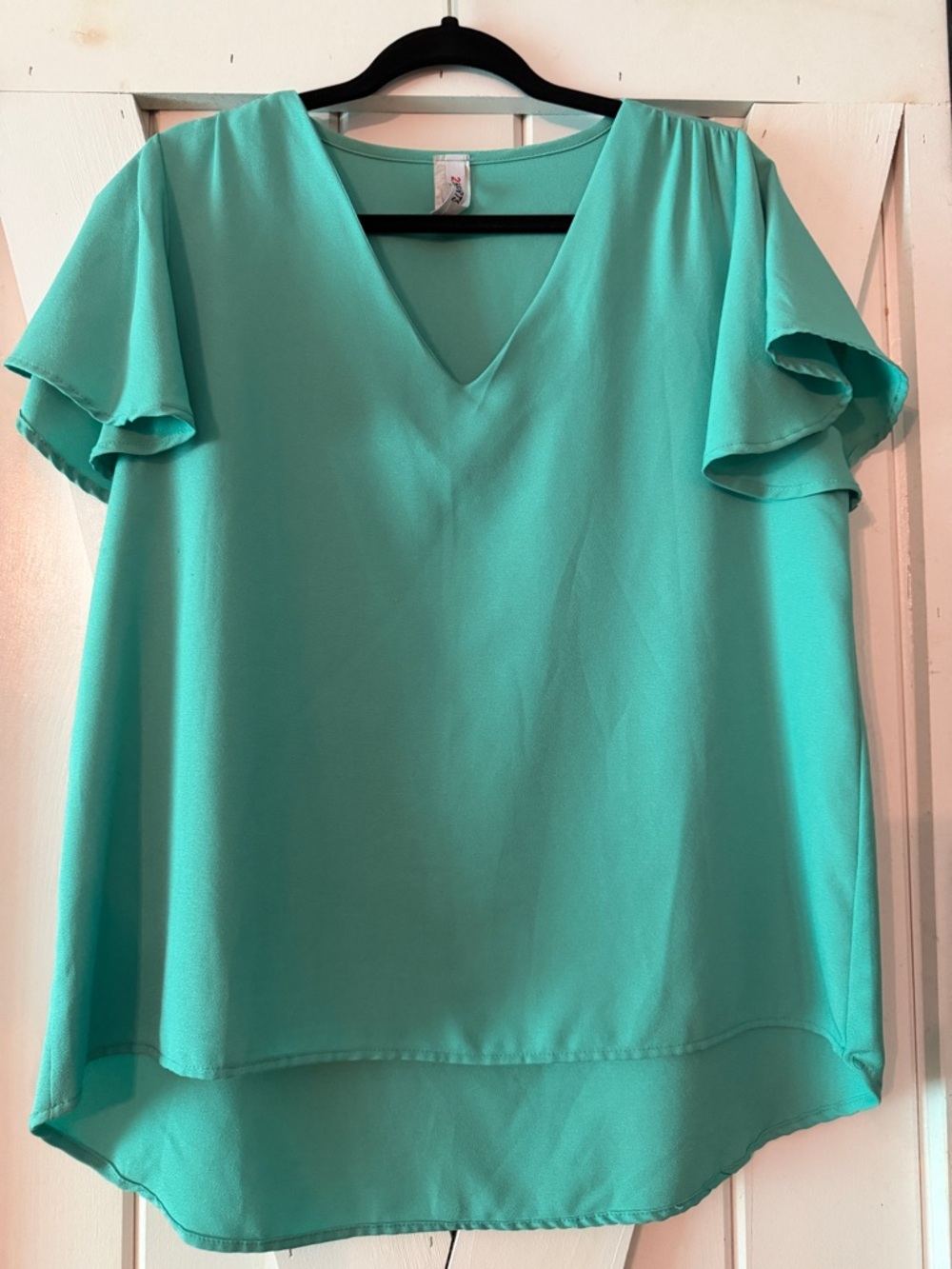 V-Neck Flutter Sleeve Blouse in Aqua Teal